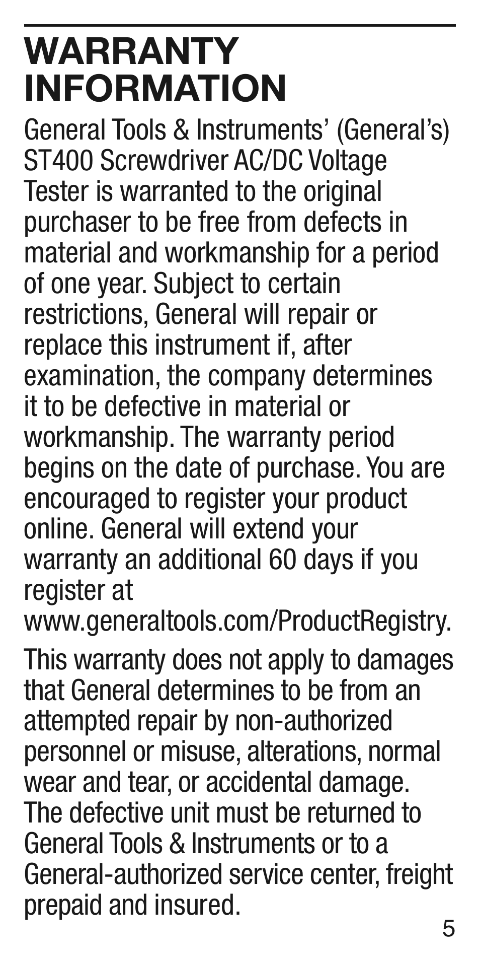 Warranty information | General Tools and Instruments ST400 v.2 User Manual | Page 5 / 8