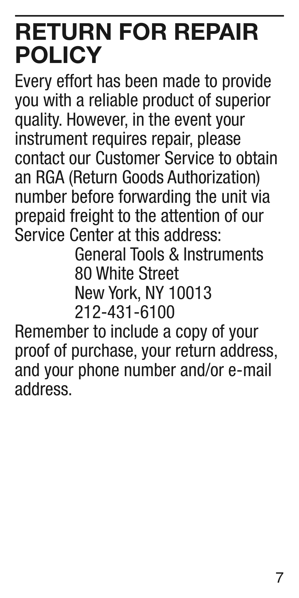 Return for repair policy | General Tools and Instruments ST400 v.2 User Manual | Page 7 / 8