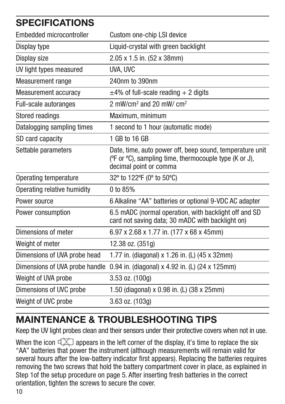 Specifications, Maintenance & troubleshooting tips | General Tools and Instruments UV254SD User Manual | Page 10 / 12