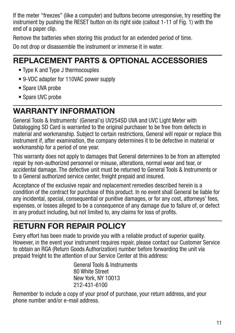 Replacement parts & optional accessories, Warranty information, Return for repair policy | General Tools and Instruments UV254SD User Manual | Page 11 / 12