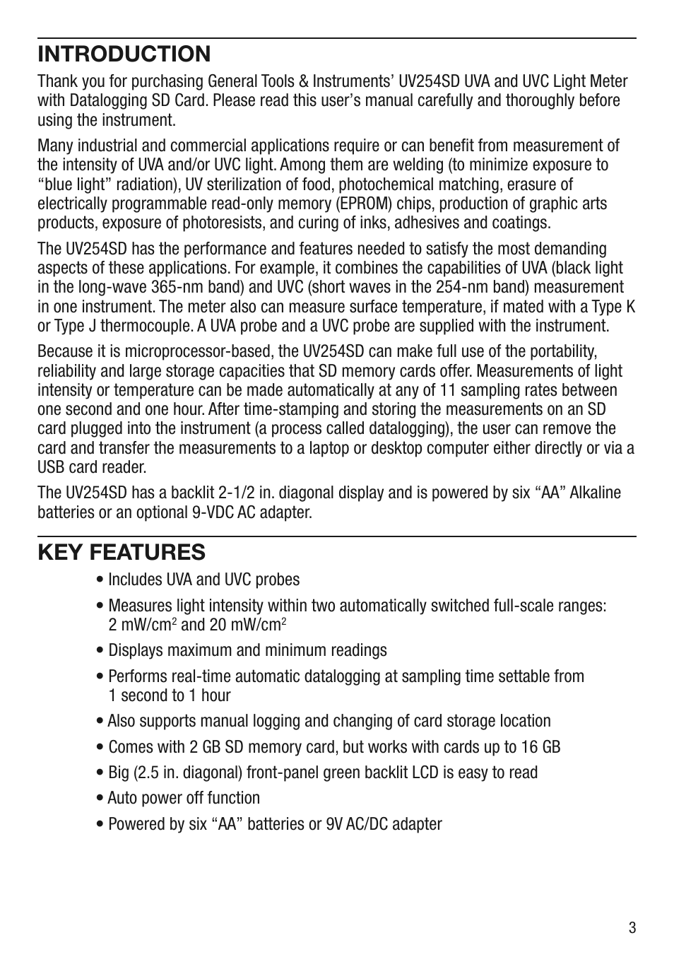 Introduction, Key features | General Tools and Instruments UV254SD User Manual | Page 3 / 12