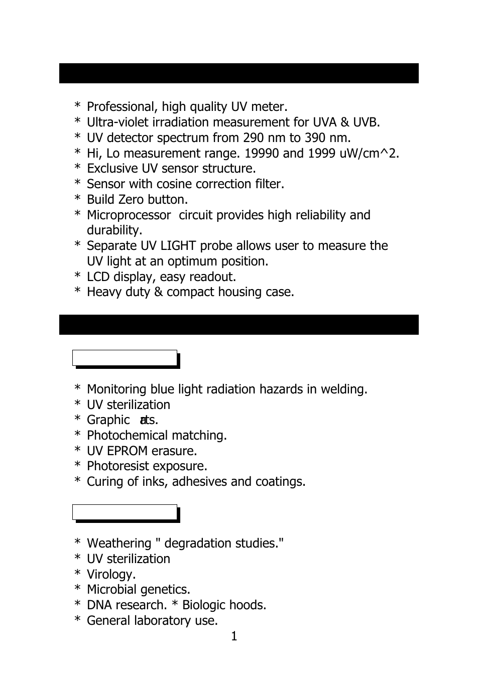 Features, Applications | General Tools and Instruments UV340 User Manual | Page 4 / 8