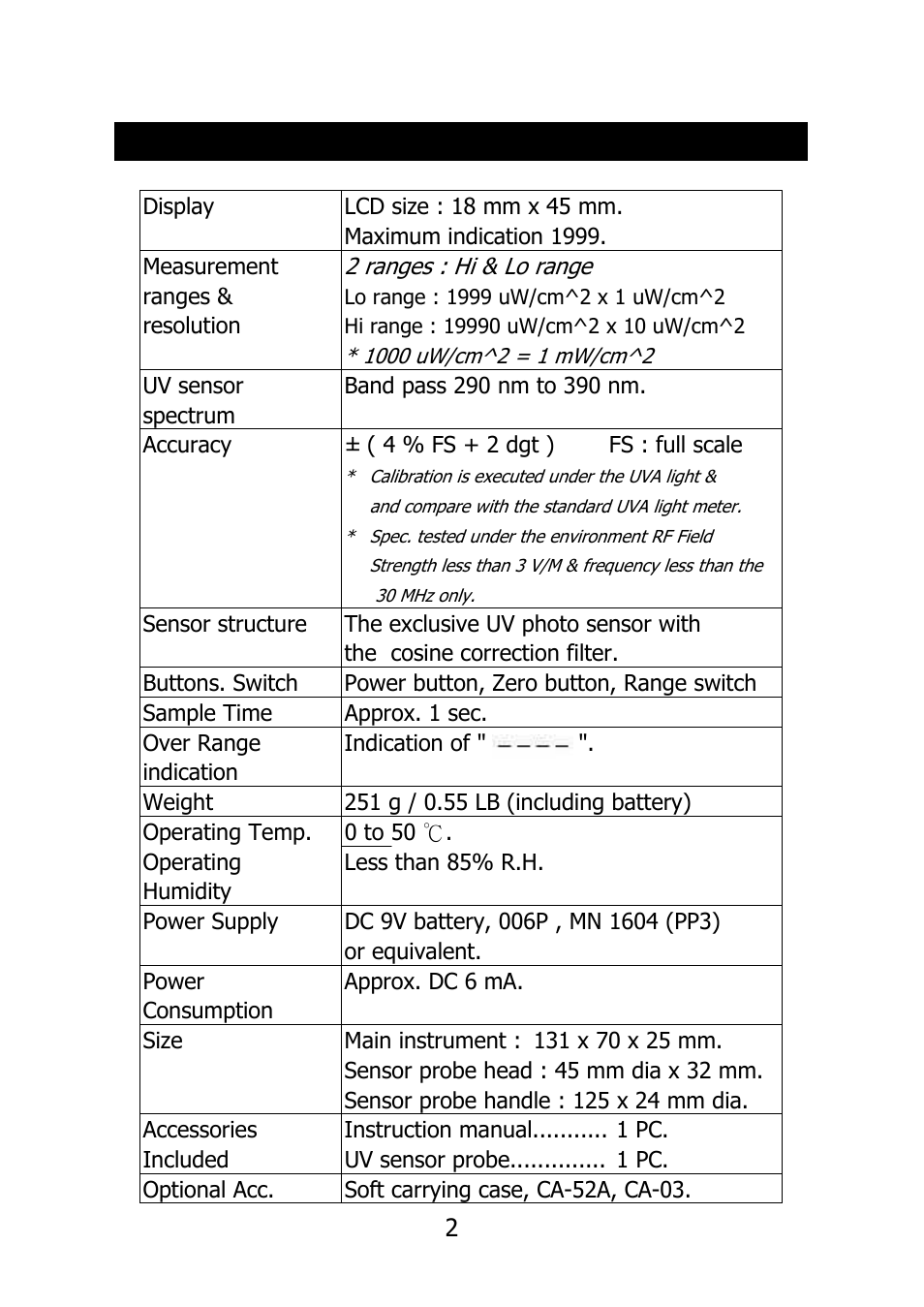 Specifications | General Tools and Instruments UV340 User Manual | Page 5 / 8