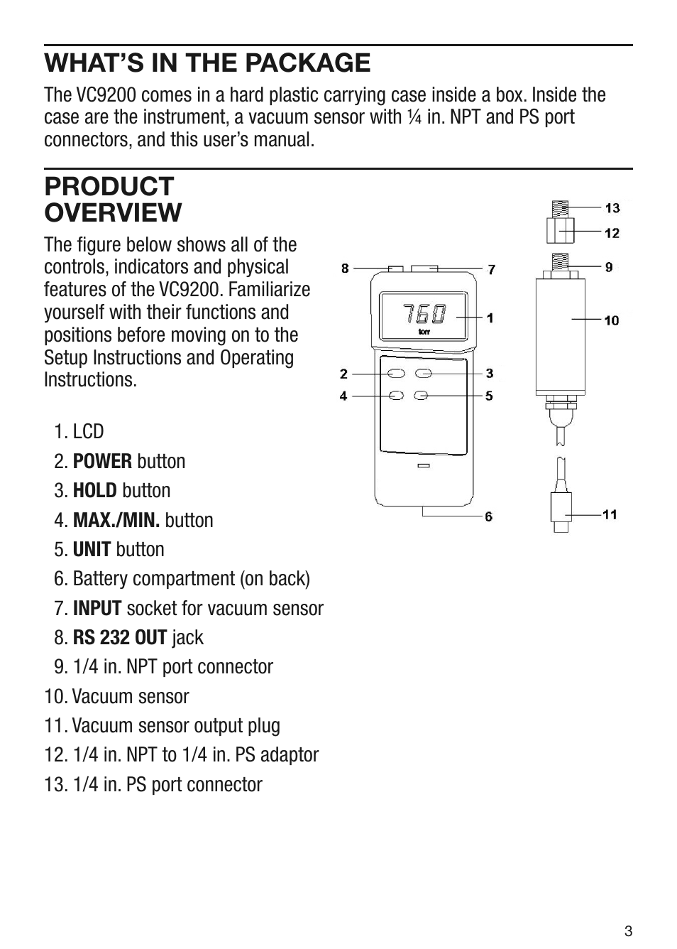 What’s in the package, Product overview | General Tools and Instruments VC9200 User Manual | Page 3 / 8