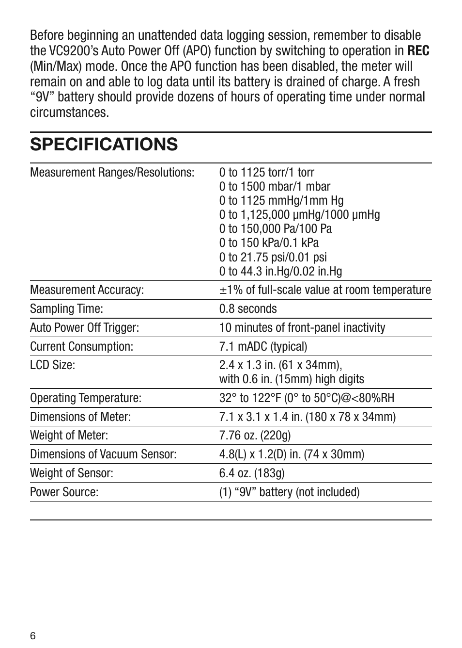 Specifications | General Tools and Instruments VC9200 User Manual | Page 6 / 8