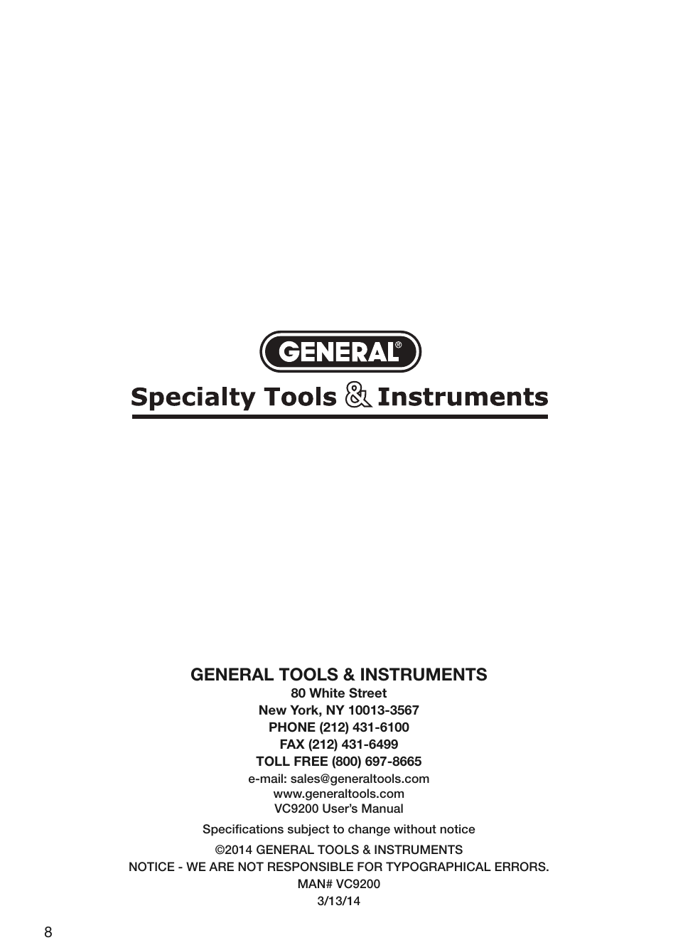 General tools & instruments | General Tools and Instruments VC9200 User Manual | Page 8 / 8