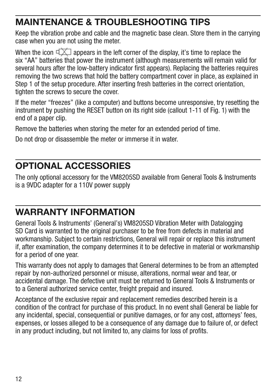 Maintenance & troubleshooting tips, Optional accessories, Warranty information | General Tools and Instruments VM8205SD User Manual | Page 12 / 16