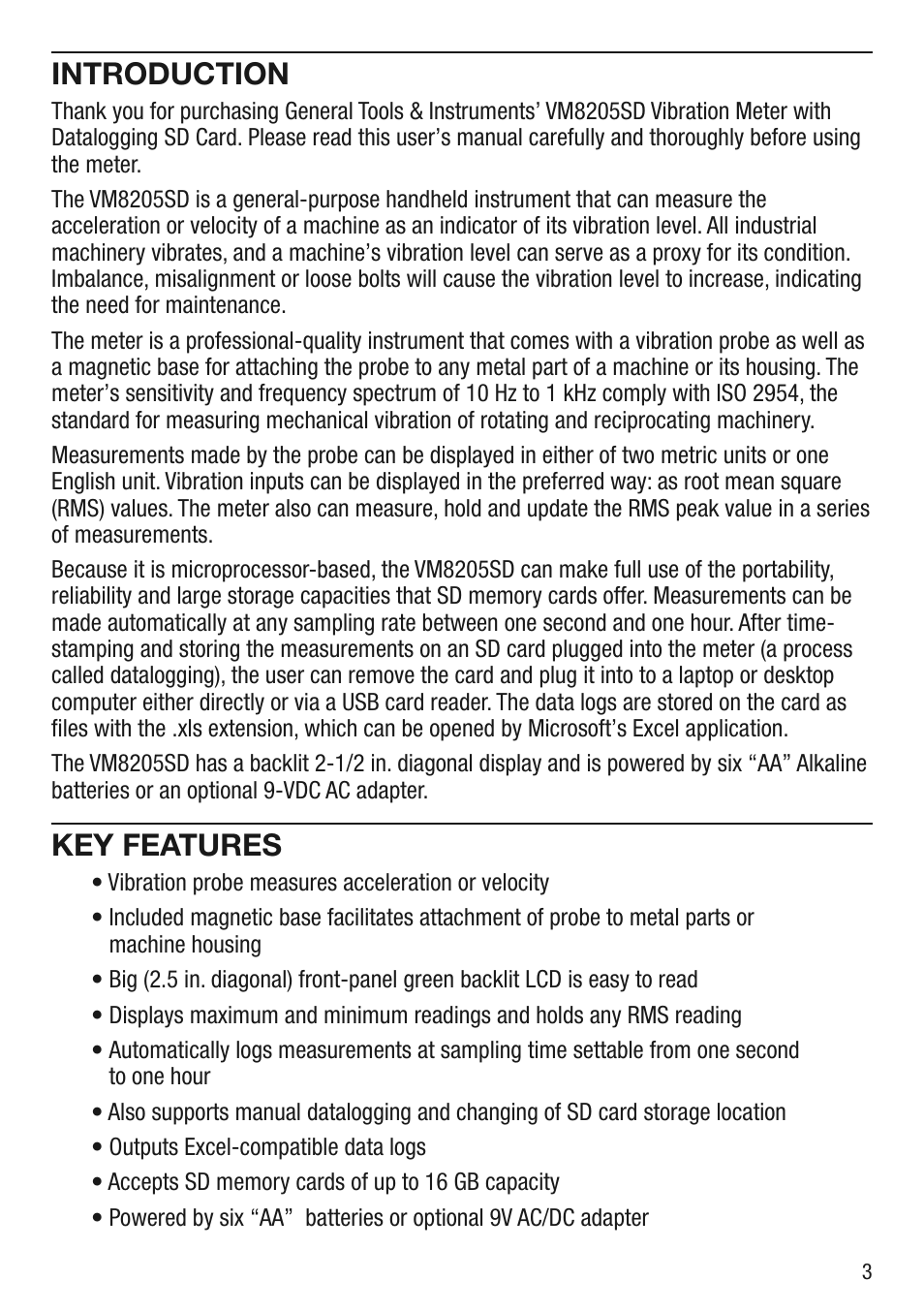 Introduction, Key features | General Tools and Instruments VM8205SD User Manual | Page 3 / 16
