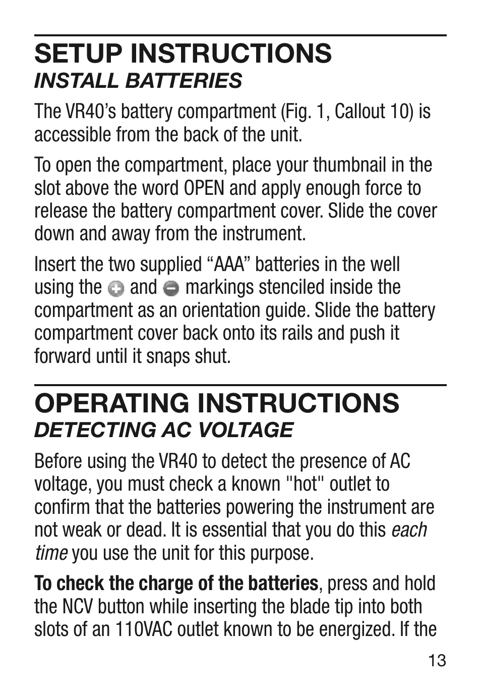 Setup instructions, Operating instructions | General Tools and Instruments VR40 User Manual | Page 13 / 24