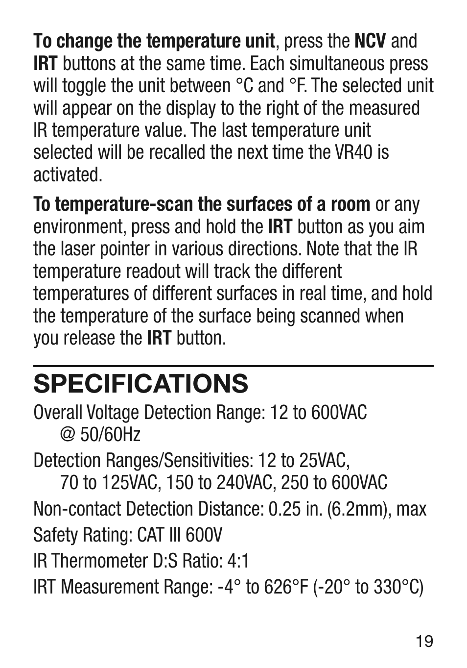Specifications | General Tools and Instruments VR40 User Manual | Page 19 / 24