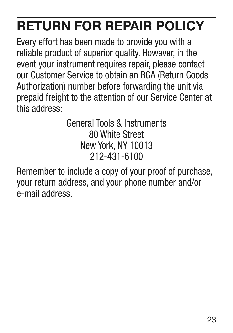 Return for repair policy | General Tools and Instruments VR40 User Manual | Page 23 / 24