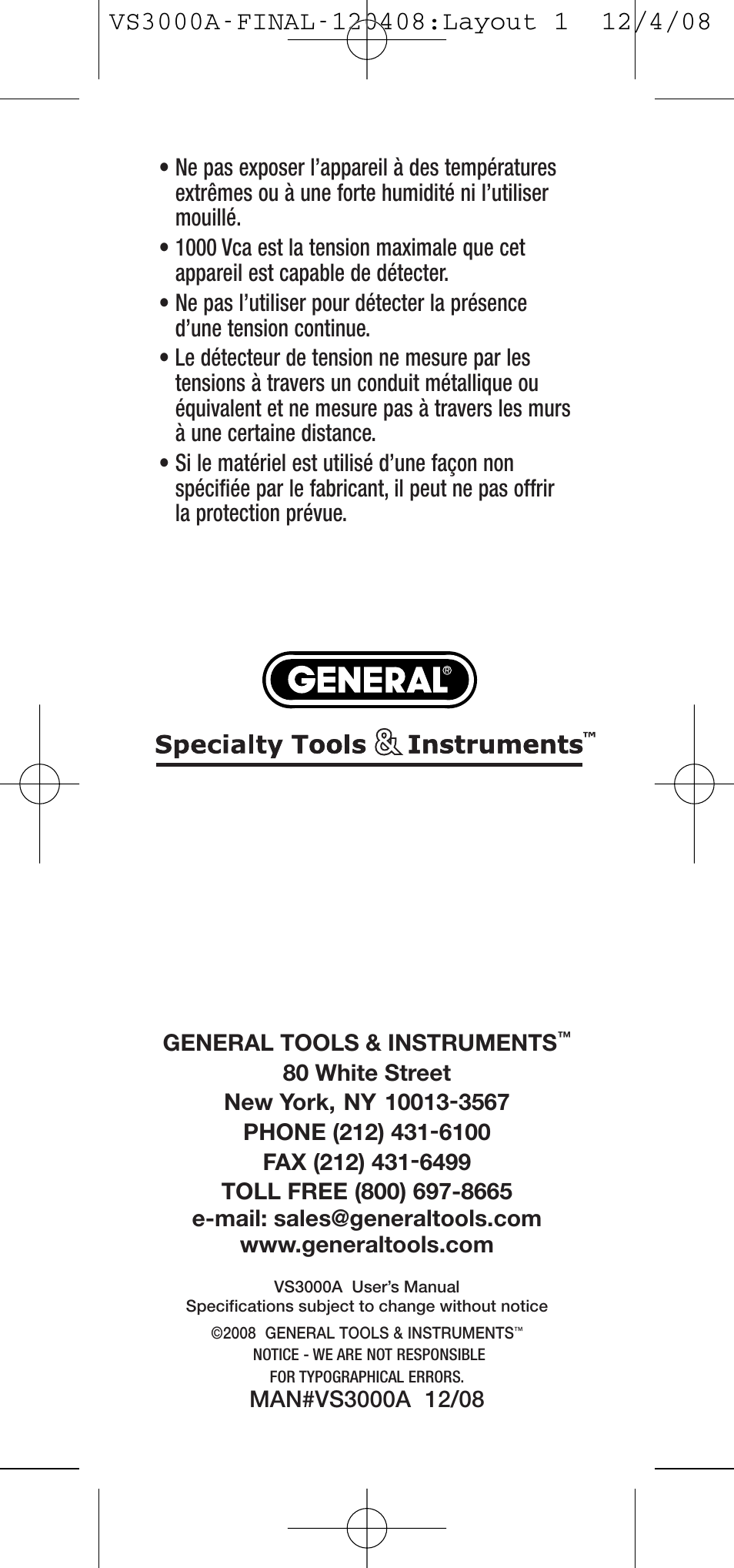 General Tools and Instruments VS3000A User Manual | Page 12 / 12
