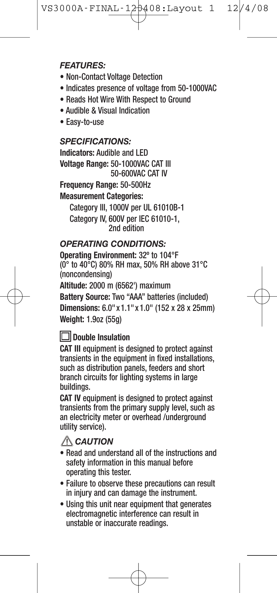 General Tools and Instruments VS3000A User Manual | Page 2 / 12