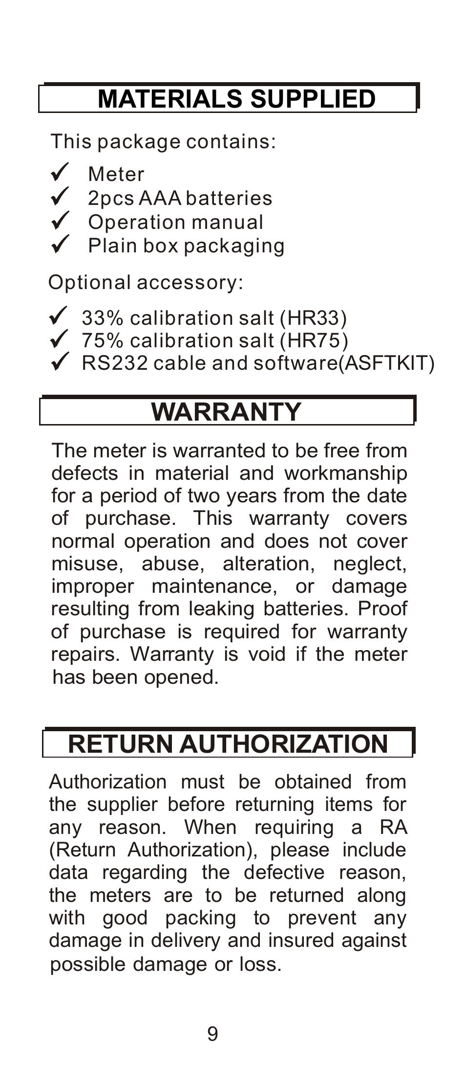 頁面 10, Materials supplied, Warranty | Return authorization | General Tools and Instruments WBGT8778 User Manual | Page 10 / 11