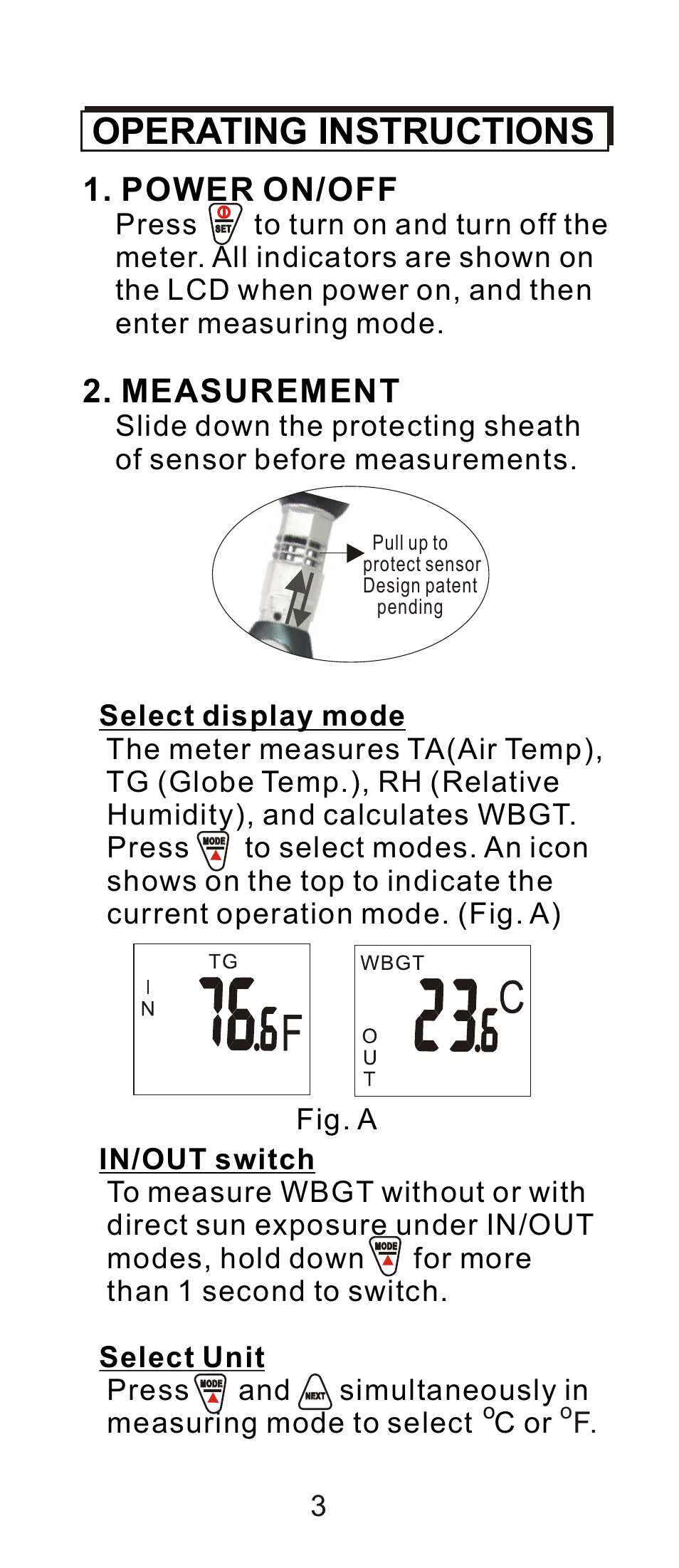 頁面 4, Operating instructions, Power on/off | Measurement, Measuring mode to select c or, F. 3 | General Tools and Instruments WBGT8778 User Manual | Page 4 / 11