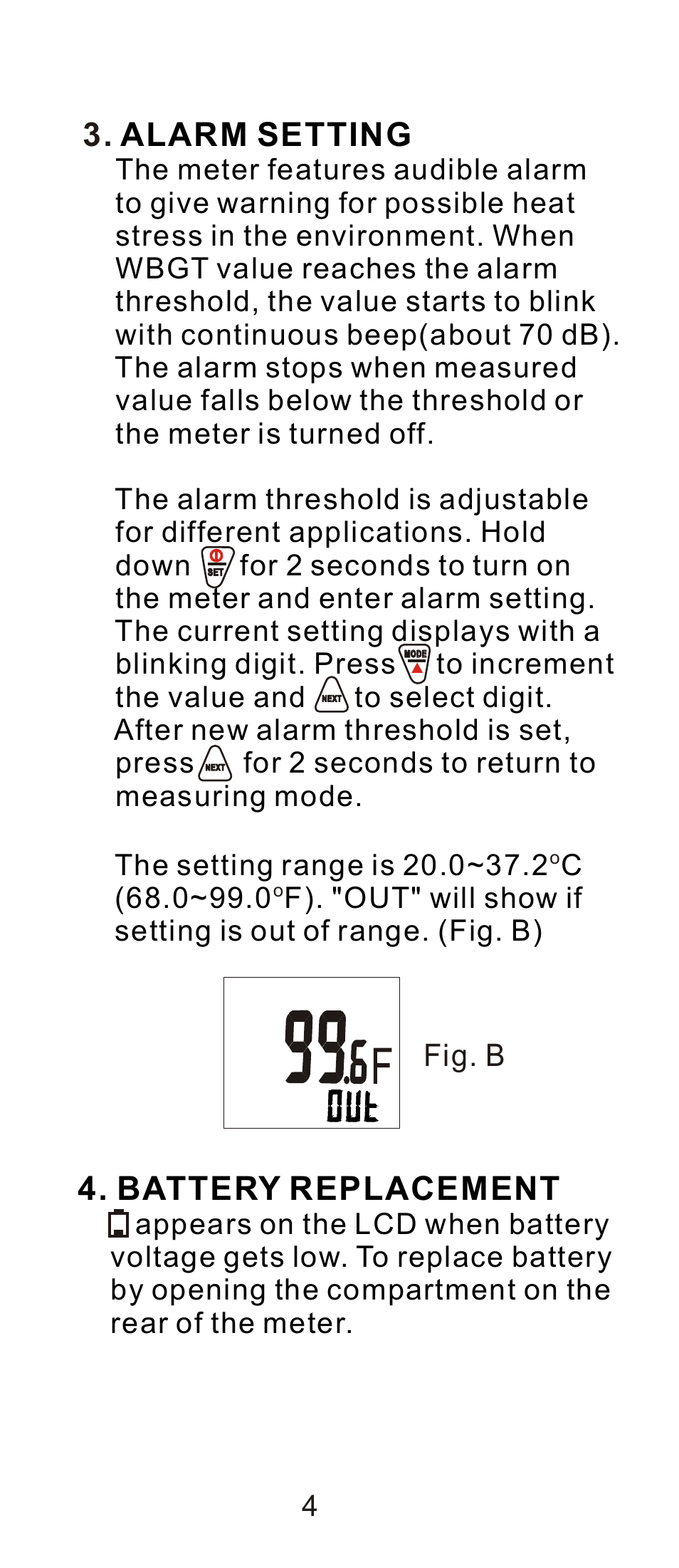 頁面 5, Alarm setting, Battery replacement | Fig. b | General Tools and Instruments WBGT8778 User Manual | Page 5 / 11