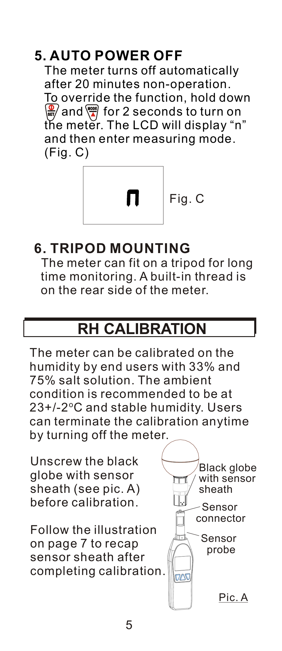 頁面 6, Rh calibration, Tripod mounting | Auto power off | General Tools and Instruments WBGT8778 User Manual | Page 6 / 11