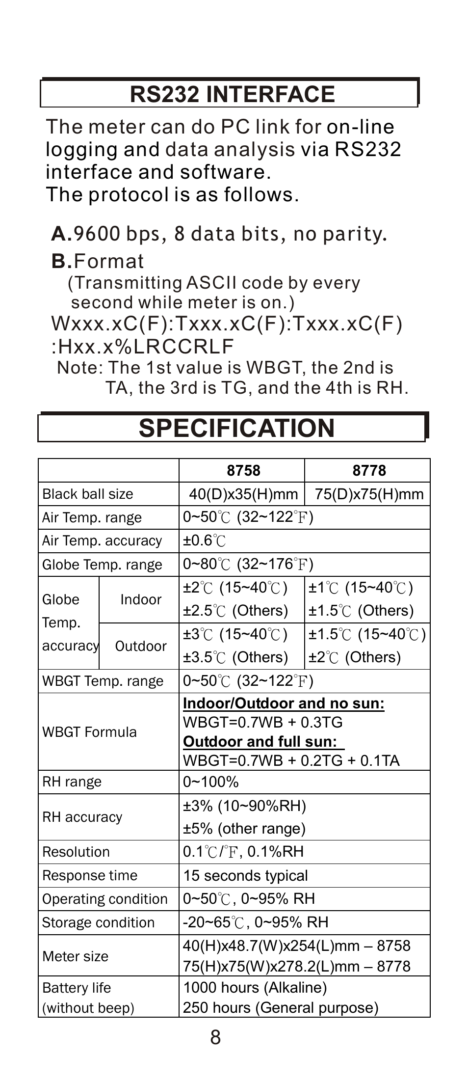 頁面 9, Specification, Rs232 interface | Wxxx.xc(f):txxx.xc(f):txxx.xc(f) :hxx.x%lrccrlf | General Tools and Instruments WBGT8778 User Manual | Page 9 / 11
