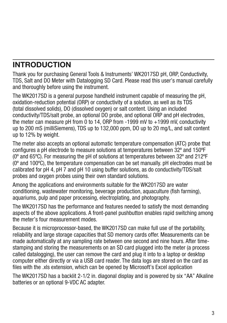 Introduction | General Tools and Instruments WK2017SD User Manual | Page 3 / 20