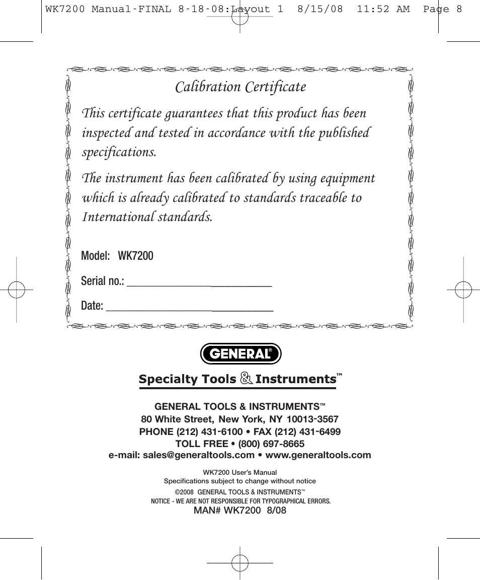 Calibration certificate | General Tools and Instruments WK7200 User Manual | Page 8 / 8
