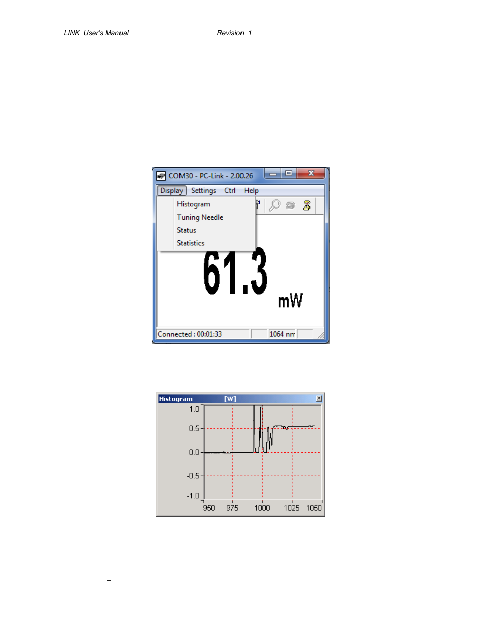 Fig. 5-1 pc-link display menu, Fig. 5-2 pc-link histogram | Gentec-EO P-LINK User Manual | Page 14 / 34