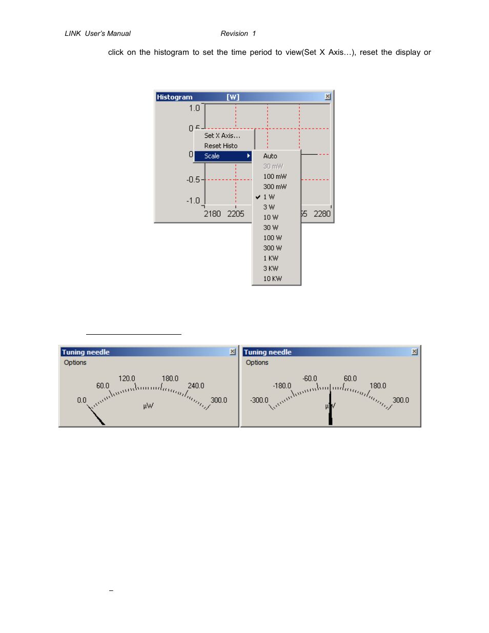 Fig. 5-3 pc-link histogram settings, Fig. 5-4 pc-link tuning needle (two options) | Gentec-EO P-LINK User Manual | Page 15 / 34