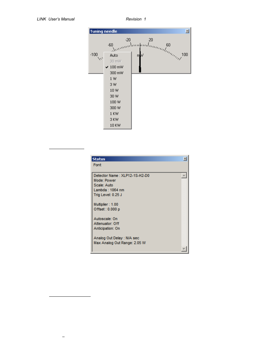 Fig. 5-5 pc-link tuning needle settings, Fig. 5-6 pc-link status window | Gentec-EO P-LINK User Manual | Page 16 / 34