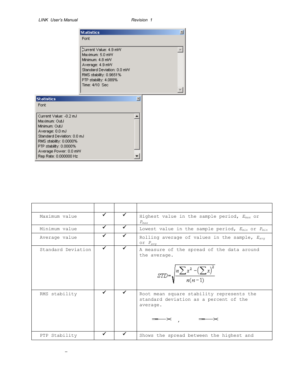 Fig. 5-7 pc-link statistics window, Table 5.8 statistical values | Gentec-EO P-LINK User Manual | Page 17 / 34