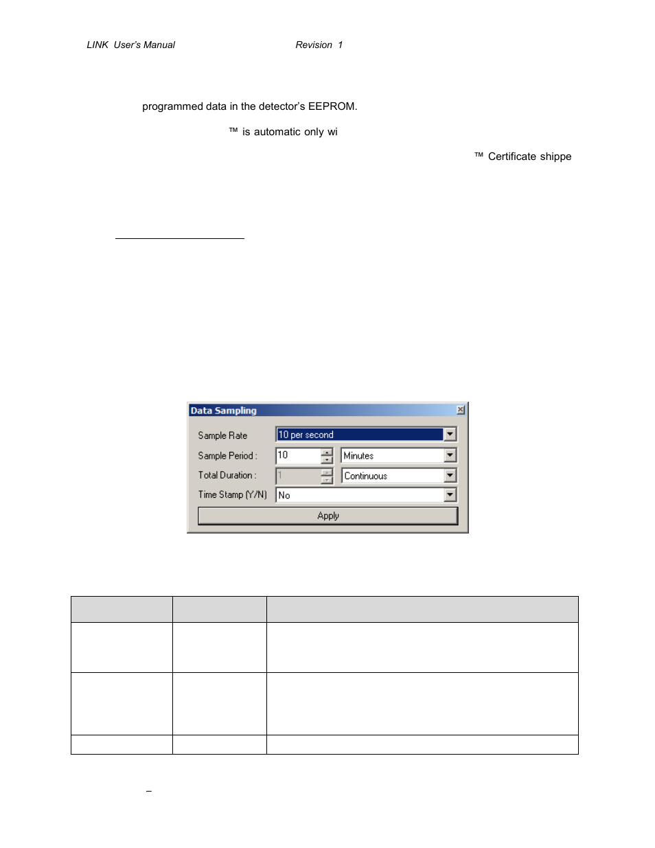 Fig. 5-10 pc-link data sampling parameter window, Table 5-11 data sampling parameters | Gentec-EO P-LINK User Manual | Page 19 / 34