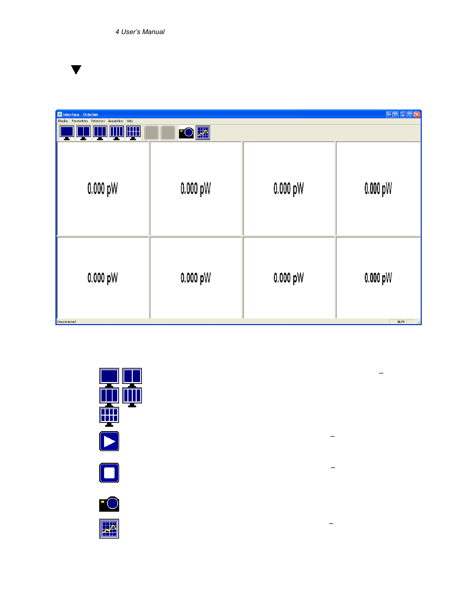 Description of the main window and menus, Uick, Ccess | Uttons, 2description of the main window and menus, 1 quick access buttons | Gentec-EO P-LINK-4 User Manual | Page 8 / 15