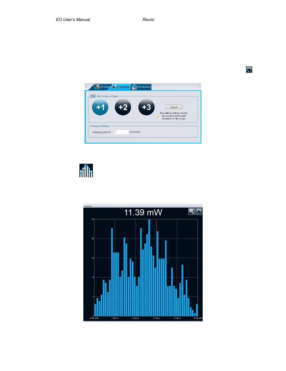 Averaging display options panel, Istogram, Histogram display graph | Veraging display option panel, Istogram display | Gentec-EO PC-Gentec-EO (for MAESTRO and INTEGRA) User Manual | Page 31 / 66