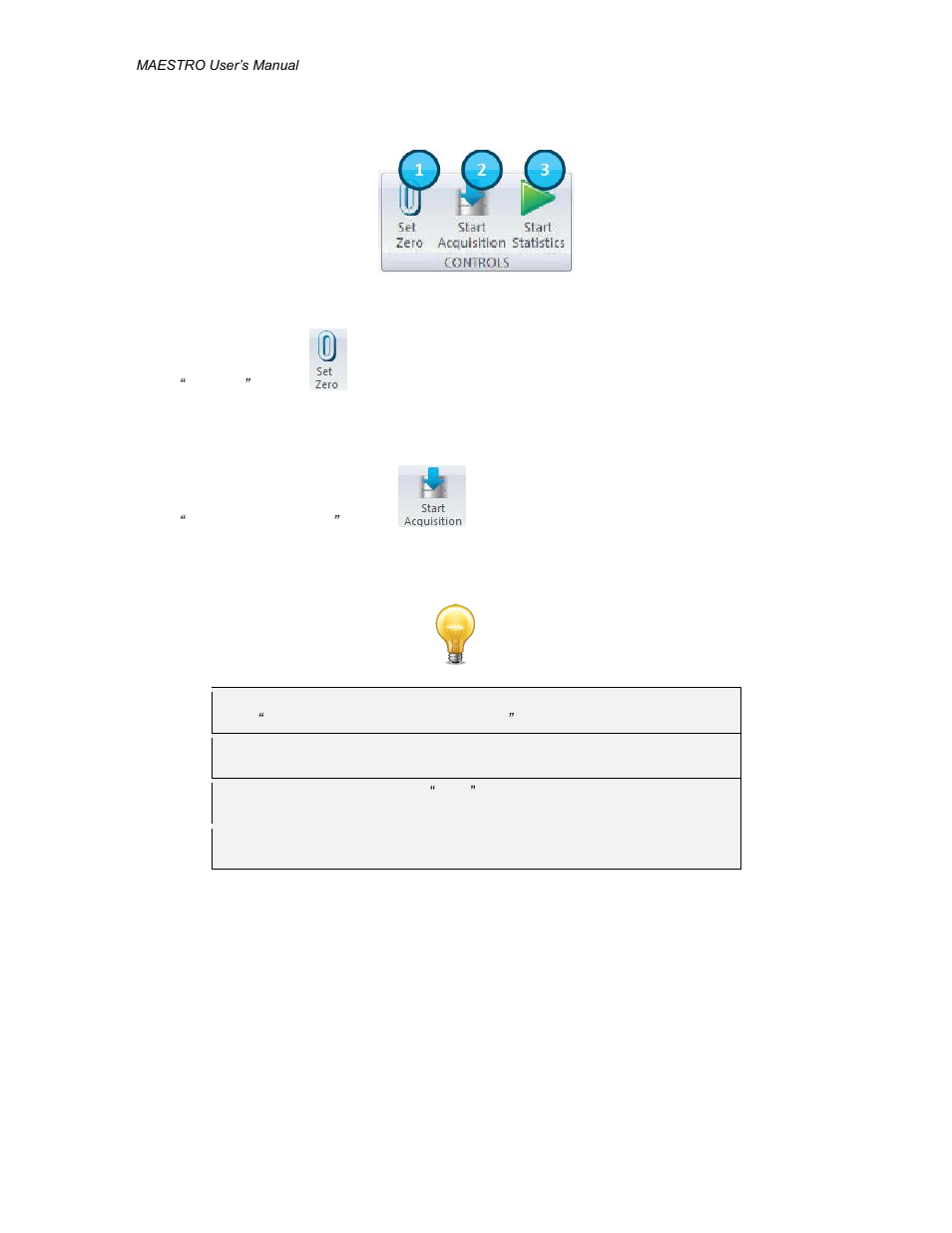 Controls menu, Set zero” button, Start/stop acquisition” button | Controls, Menu | Gentec-EO PC-MAESTRO (Old Software for MAESTRO) User Manual | Page 12 / 33