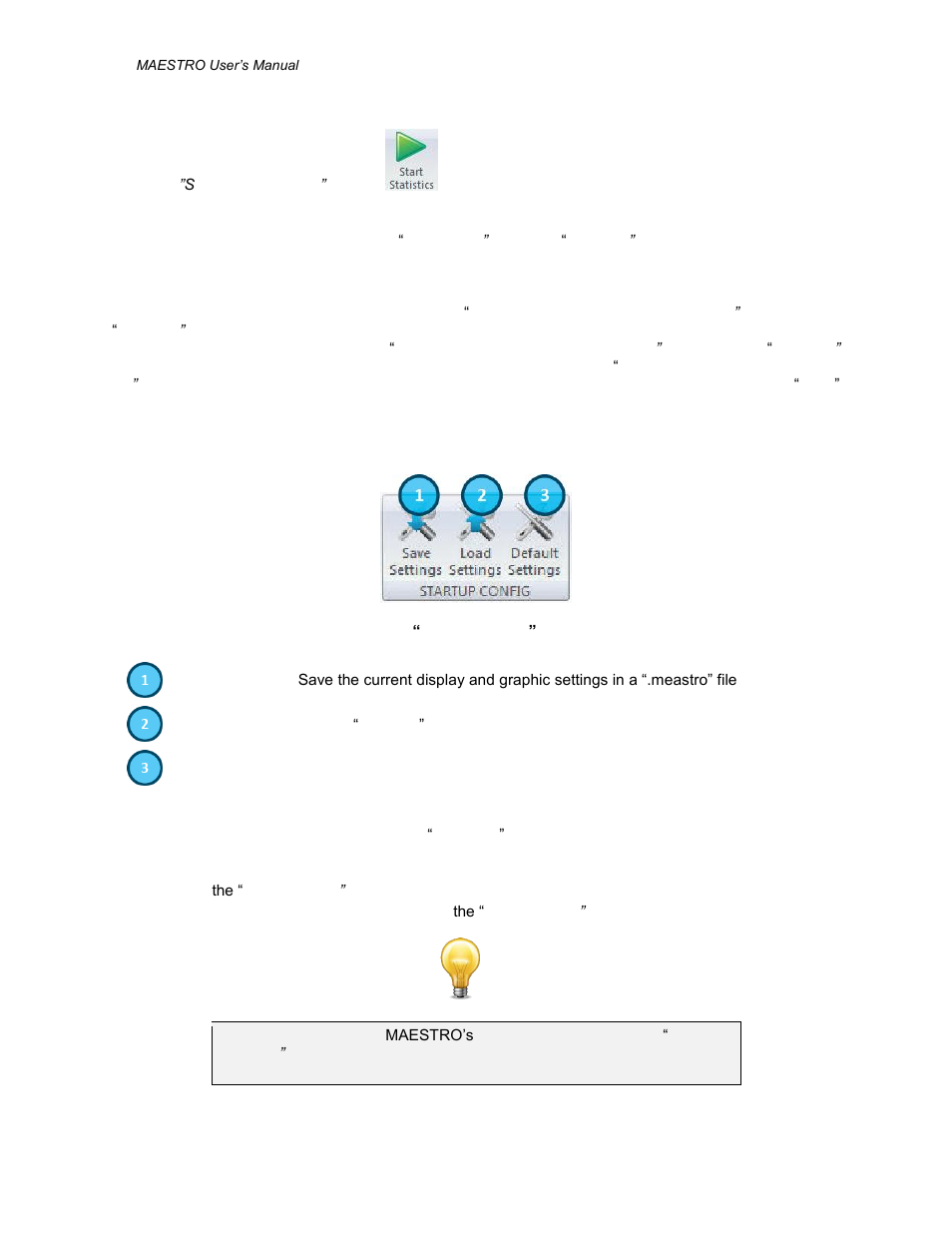 Start/stop statistics” button, Startup config menu, Tartup | Onfig, Buttons | Gentec-EO PC-MAESTRO (Old Software for MAESTRO) User Manual | Page 15 / 33