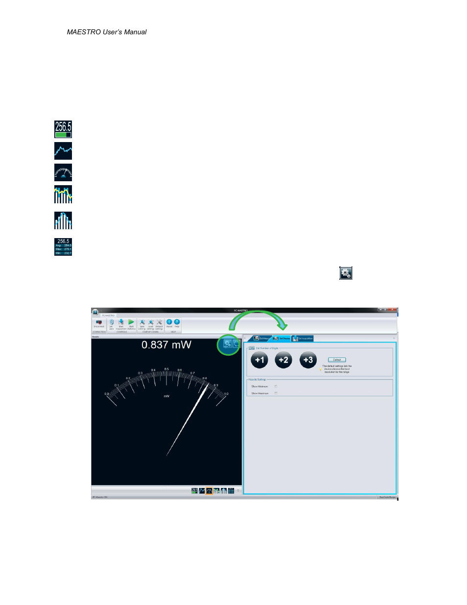 Graphical displays, Raphical, Isplay with | Ettings button | Gentec-EO PC-MAESTRO (Old Software for MAESTRO) User Manual | Page 19 / 33