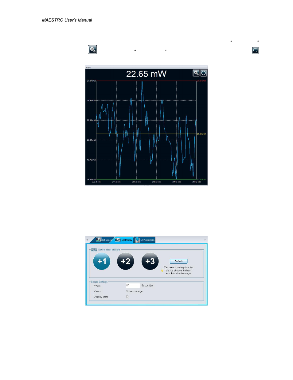 Scope display - options panel, Cope display with, Tatistics | Cope display options panel | Gentec-EO PC-MAESTRO (Old Software for MAESTRO) User Manual | Page 22 / 33
