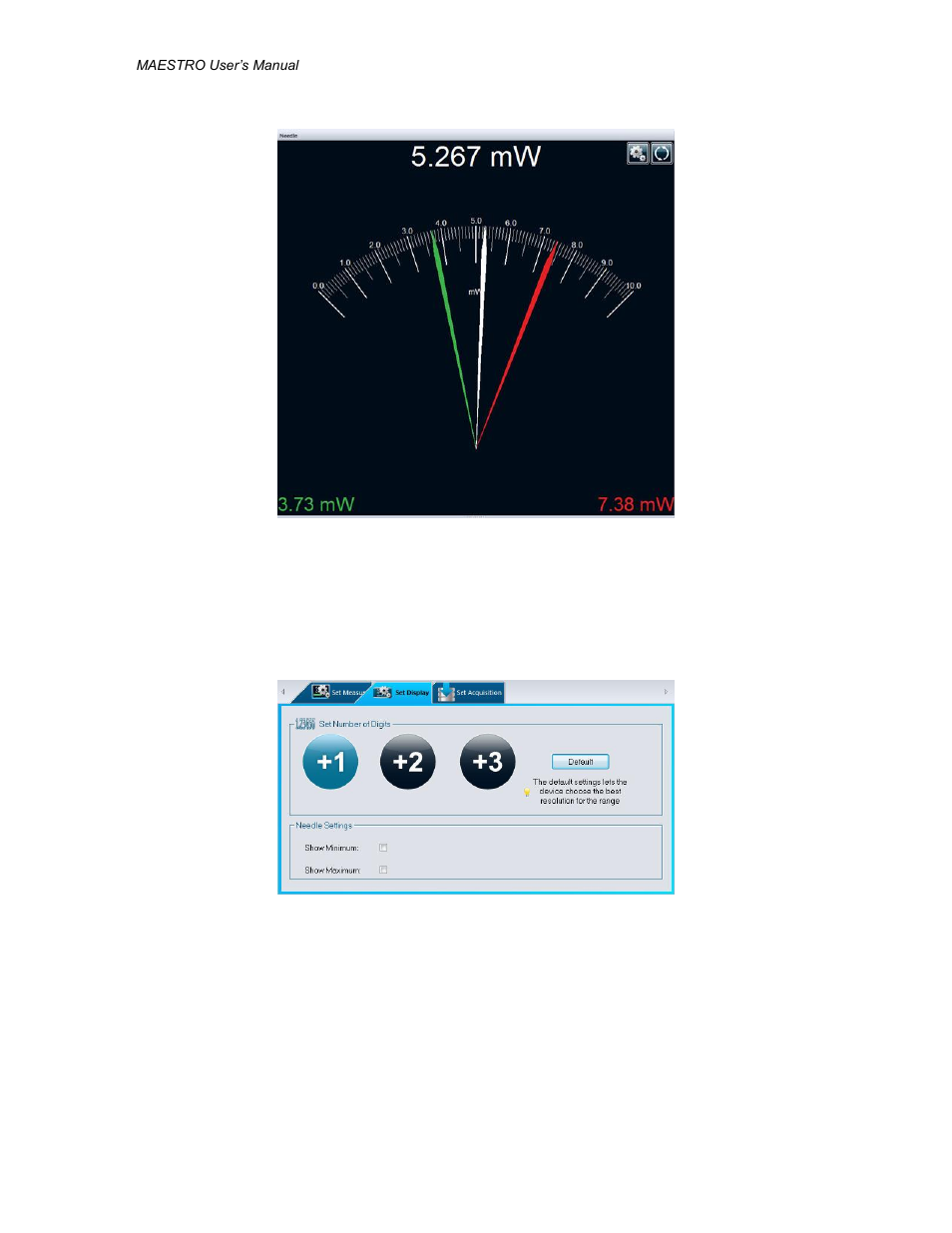 Needle display - options panel, Eedle display with, Inimum and | Aximum values, Eedle display options panel | Gentec-EO PC-MAESTRO (Old Software for MAESTRO) User Manual | Page 24 / 33