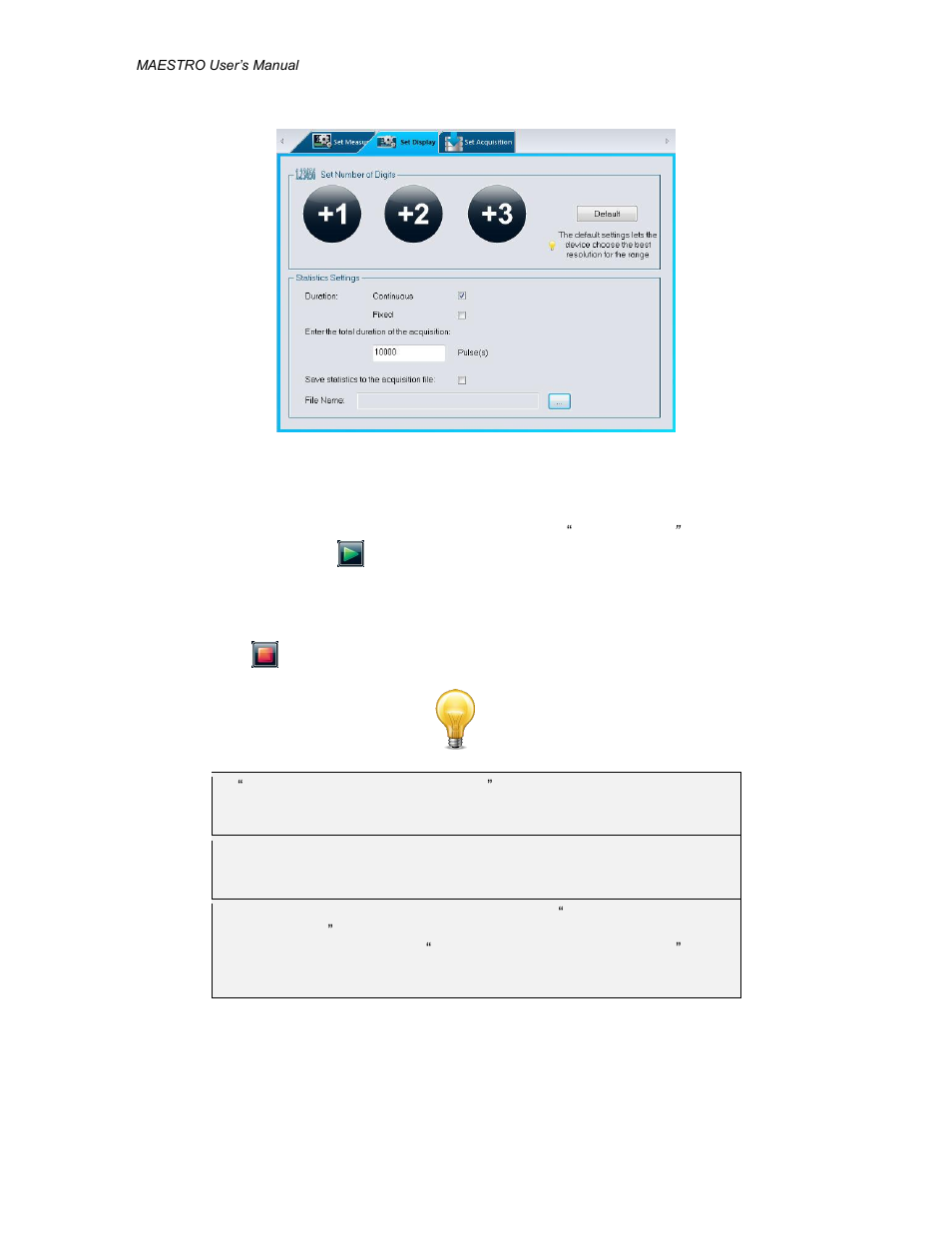 Continuous and fixed statistics duration mode, Tatistics display options panel in, Nergy mode | Gentec-EO PC-MAESTRO (Old Software for MAESTRO) User Manual | Page 30 / 33