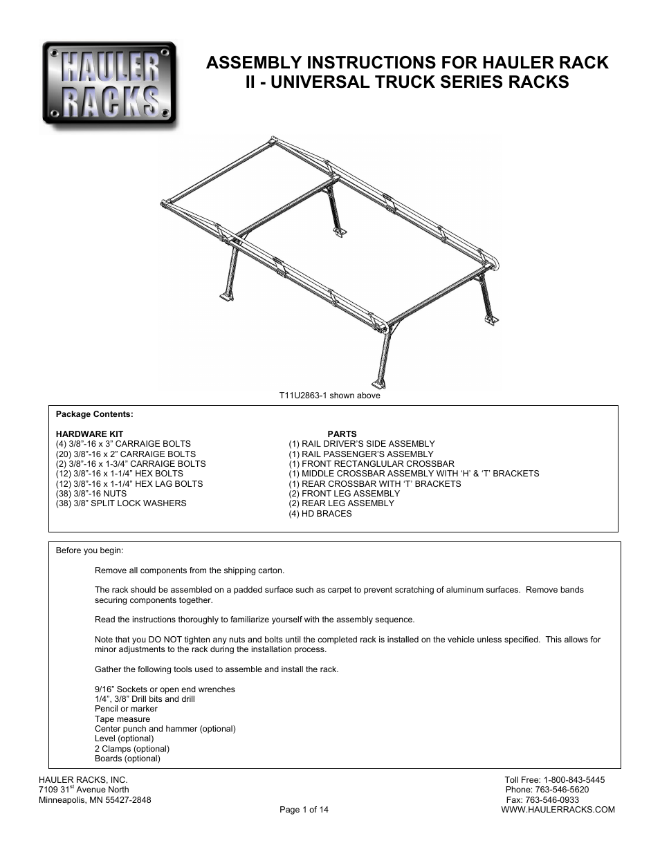 Hauler Racks Hauler II - UNIVERSAL TRUCK SERIES RACKS User Manual | 14 pages