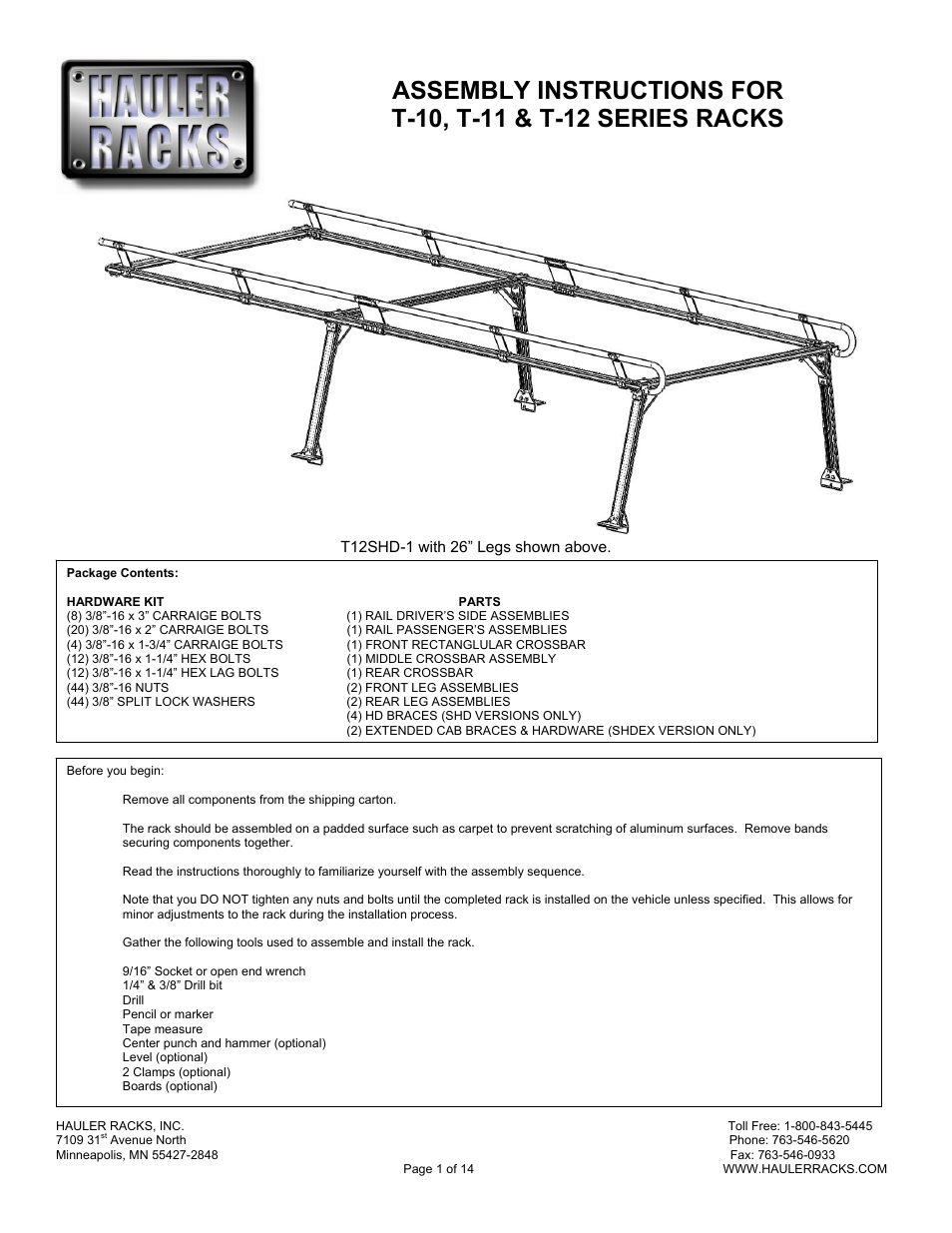 Hauler Racks T-12 SERIES RACKS User Manual | 14 pages