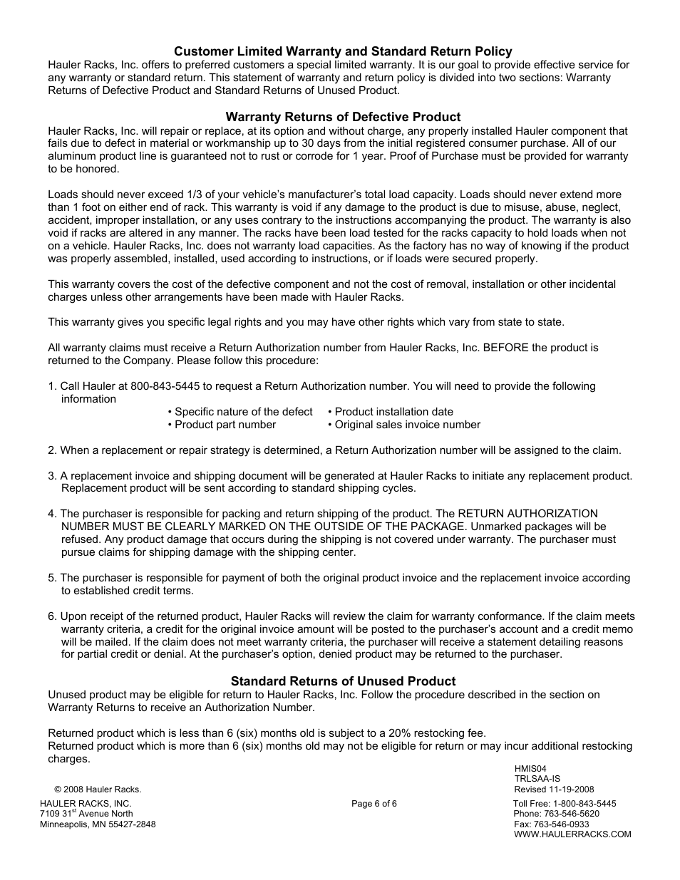 Hauler Racks TLRSAA-1 User Manual | Page 6 / 6