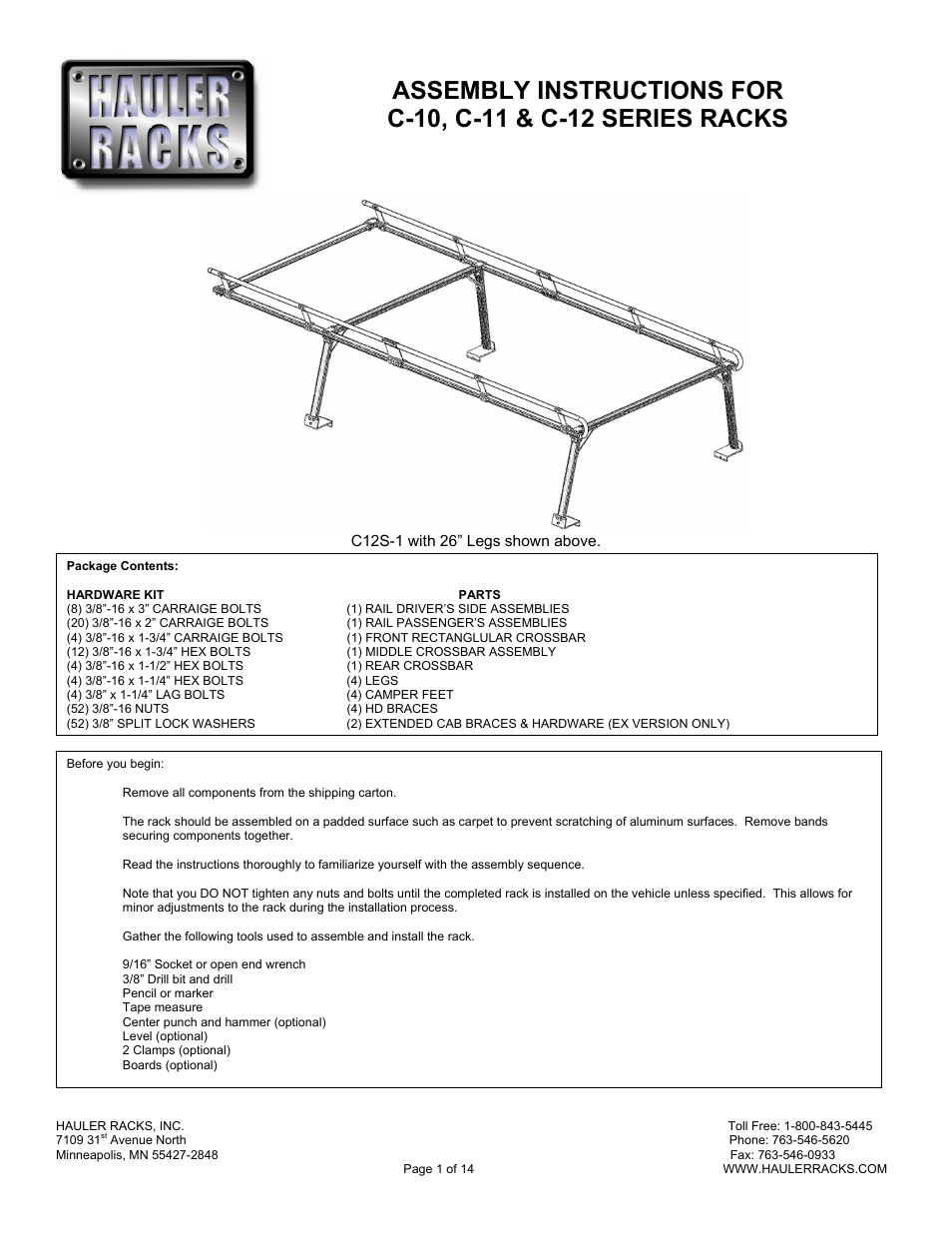 Hauler Racks C-12 SERIES RACKS User Manual | 14 pages