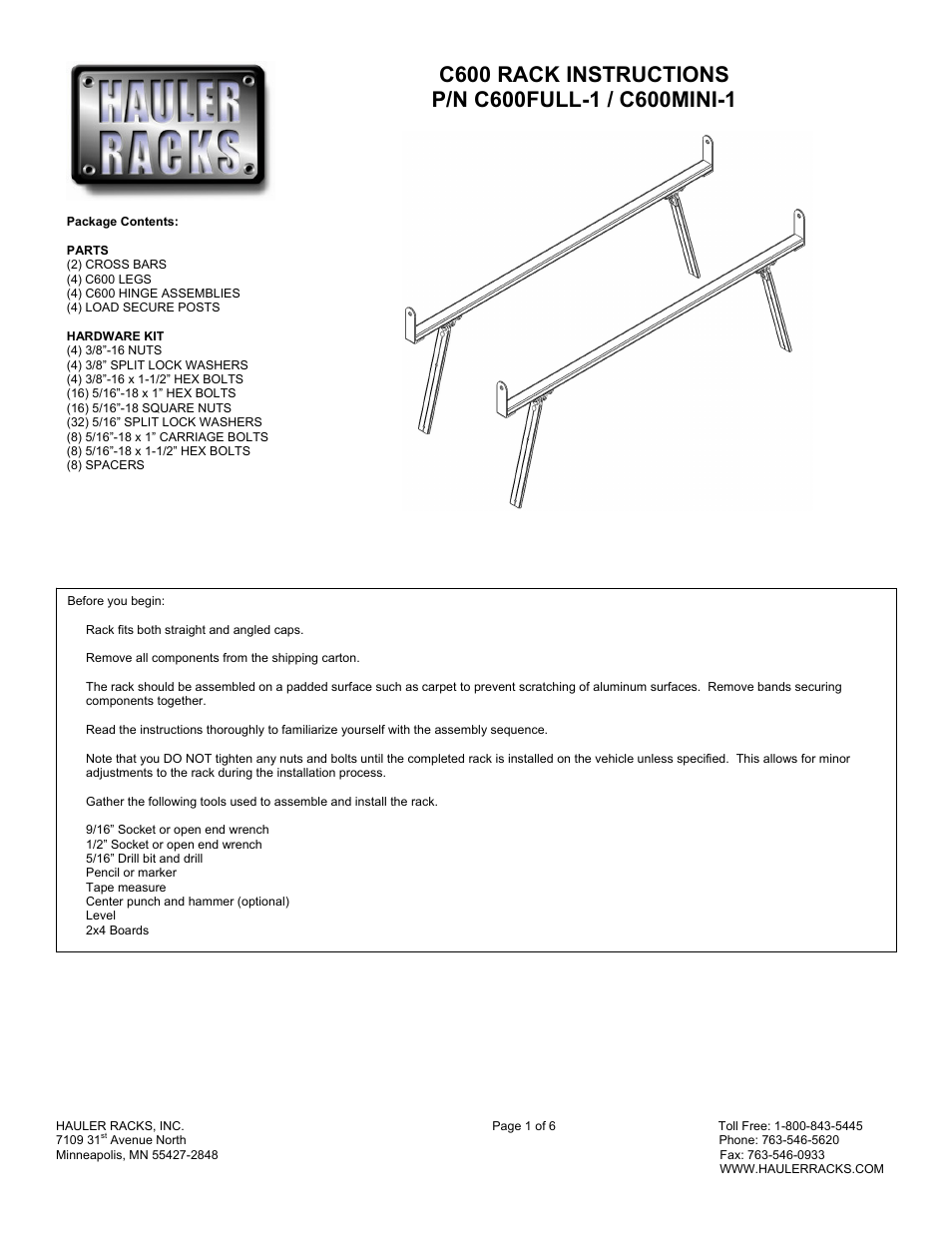Hauler Racks C600MINI-1 User Manual | 6 pages