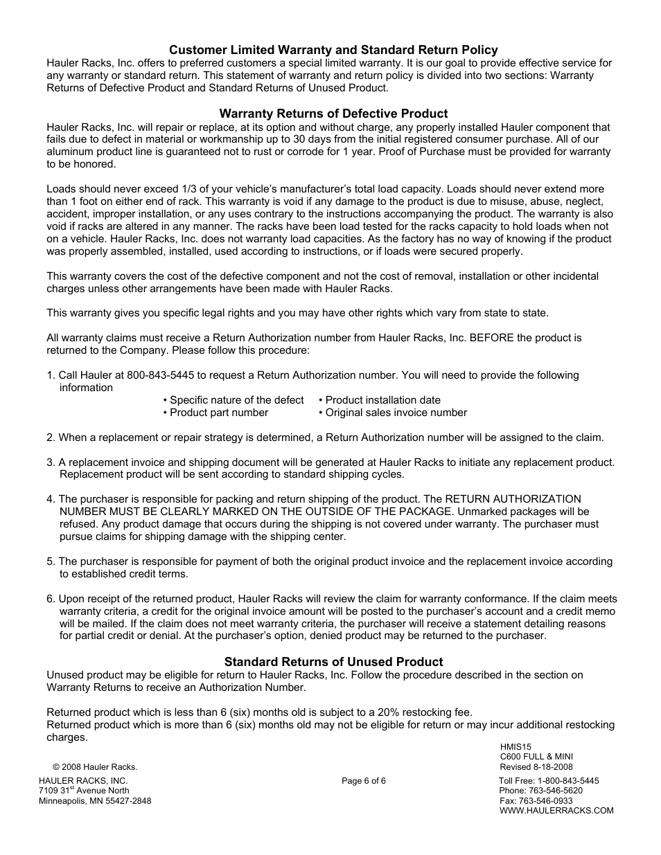 Hauler Racks C600MINI-1 User Manual | Page 6 / 6