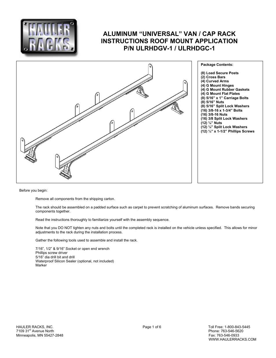 Hauler Racks ULRHDGC-1 User Manual | 6 pages