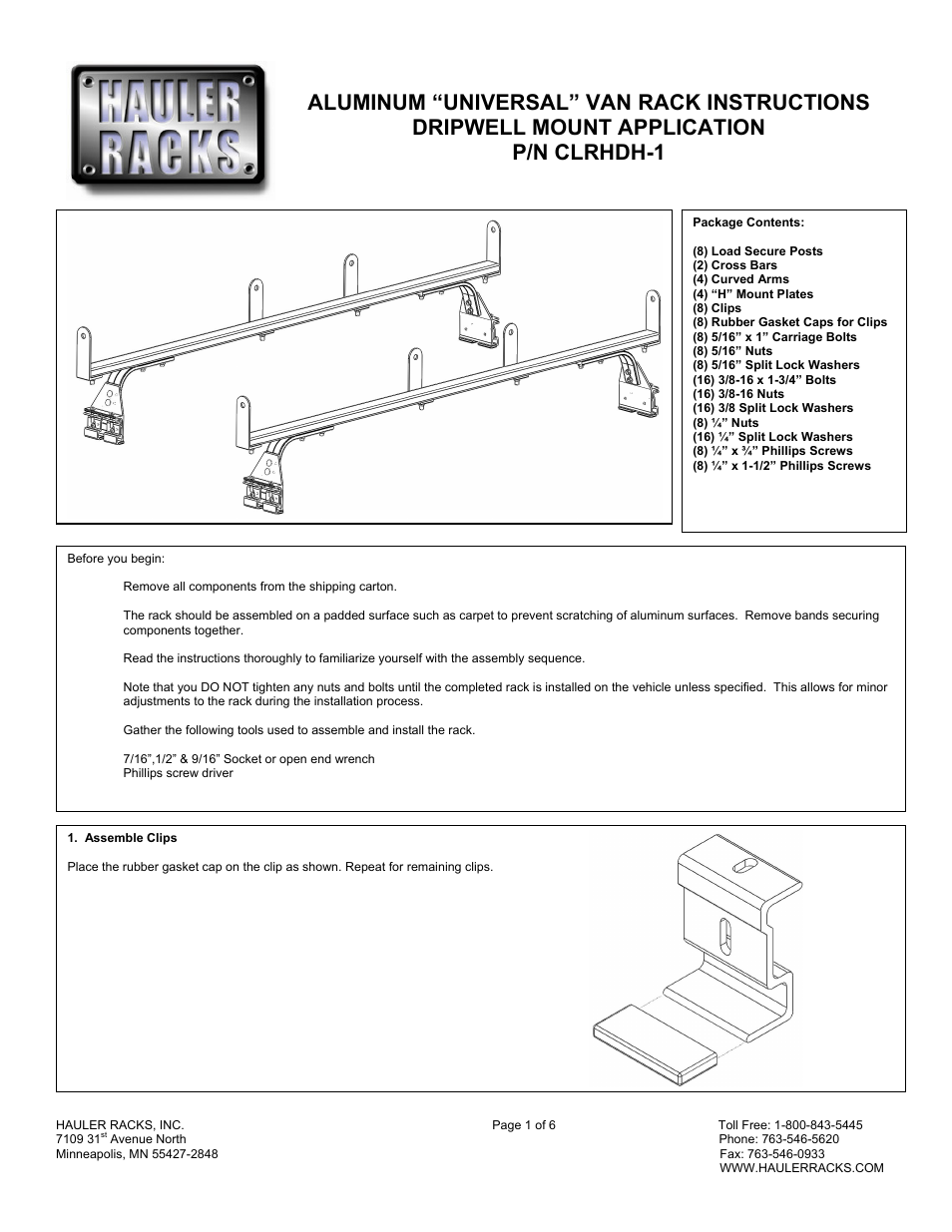 Hauler Racks CLRHDH-1 User Manual | 6 pages