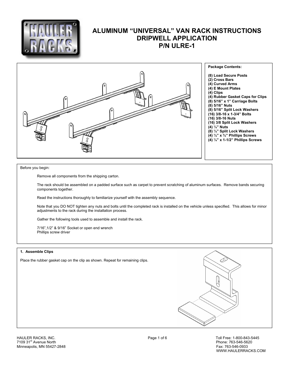 Hauler Racks ULRE-1 User Manual | 6 pages