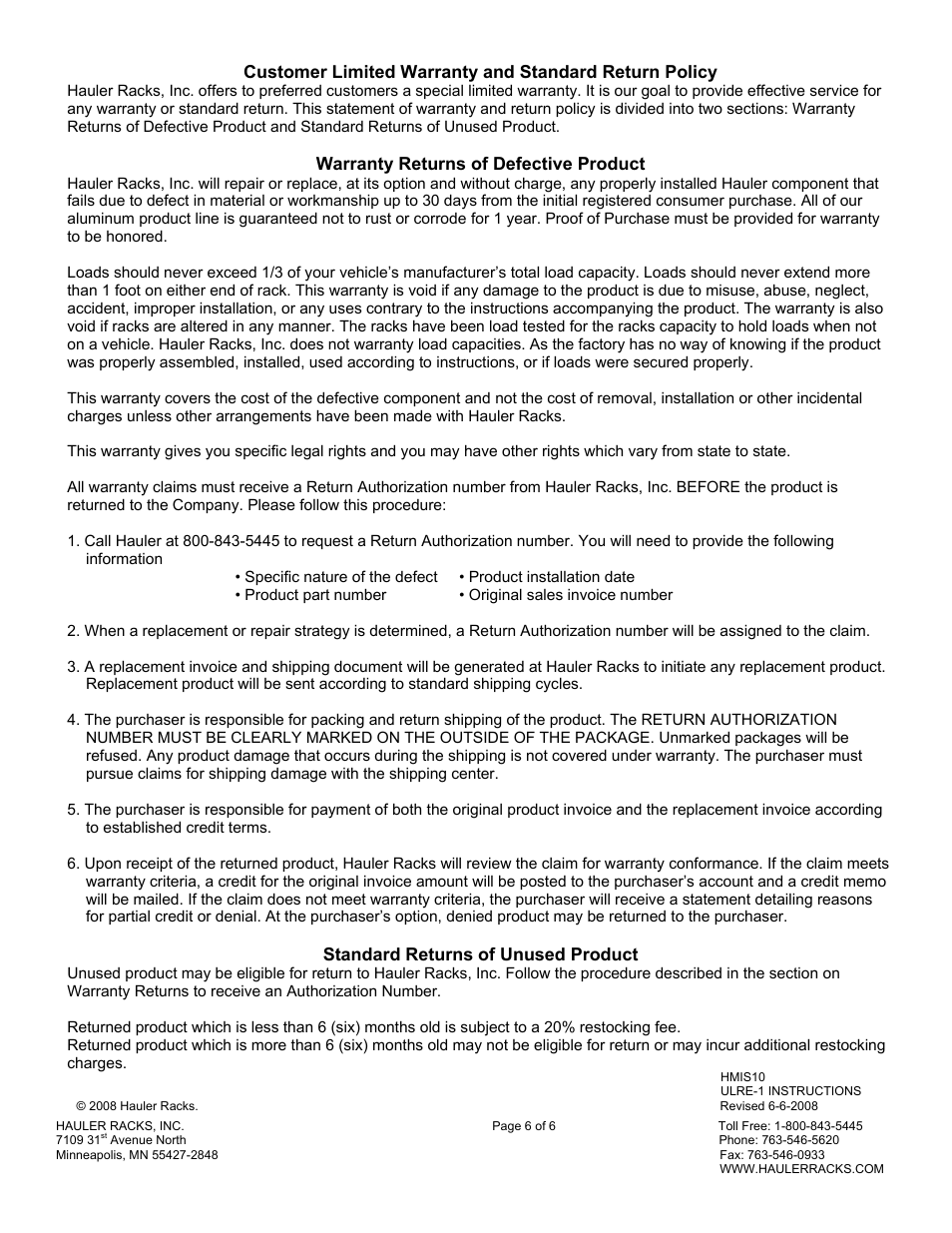 Hauler Racks ULRE-1 User Manual | Page 6 / 6