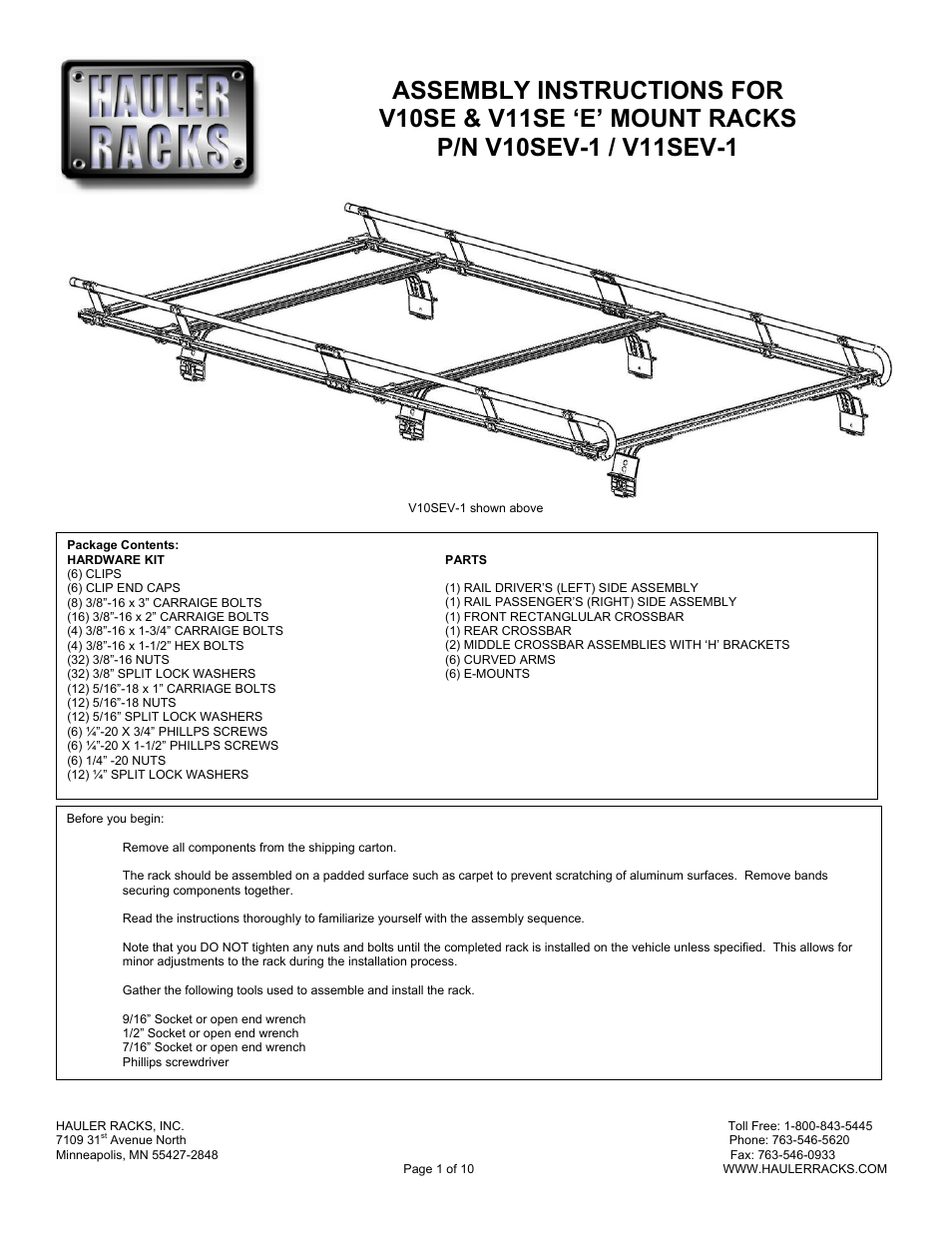 Hauler Racks V11SEV-1 User Manual | 10 pages