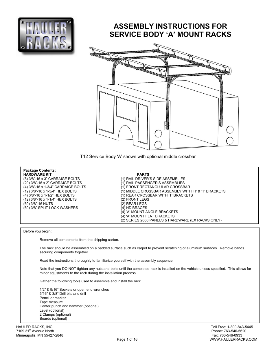 Hauler Racks SERVICE BODY ‘A’ MOUNT RACKS User Manual | 16 pages