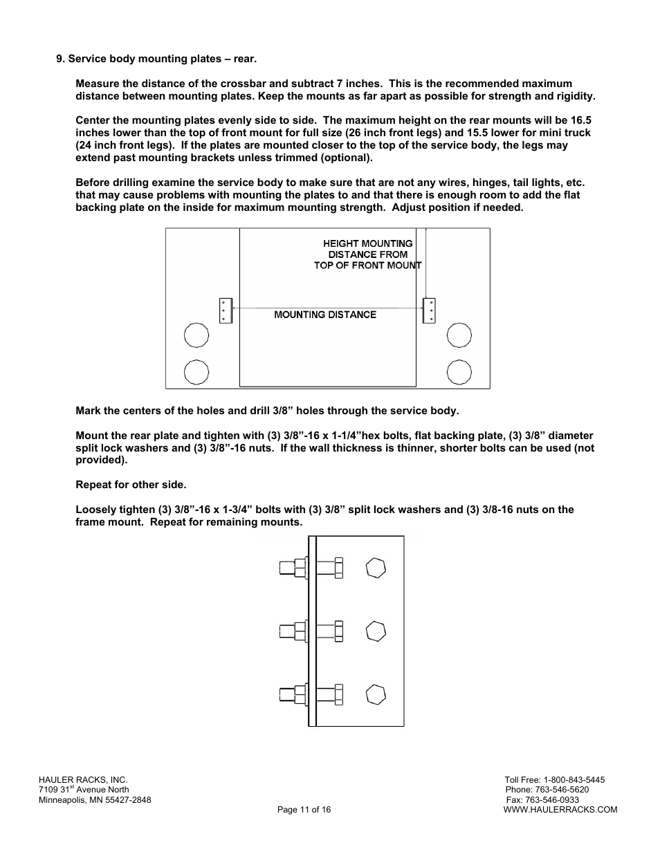 Hauler Racks SERVICE BODY ‘A’ MOUNT RACKS User Manual | Page 11 / 16